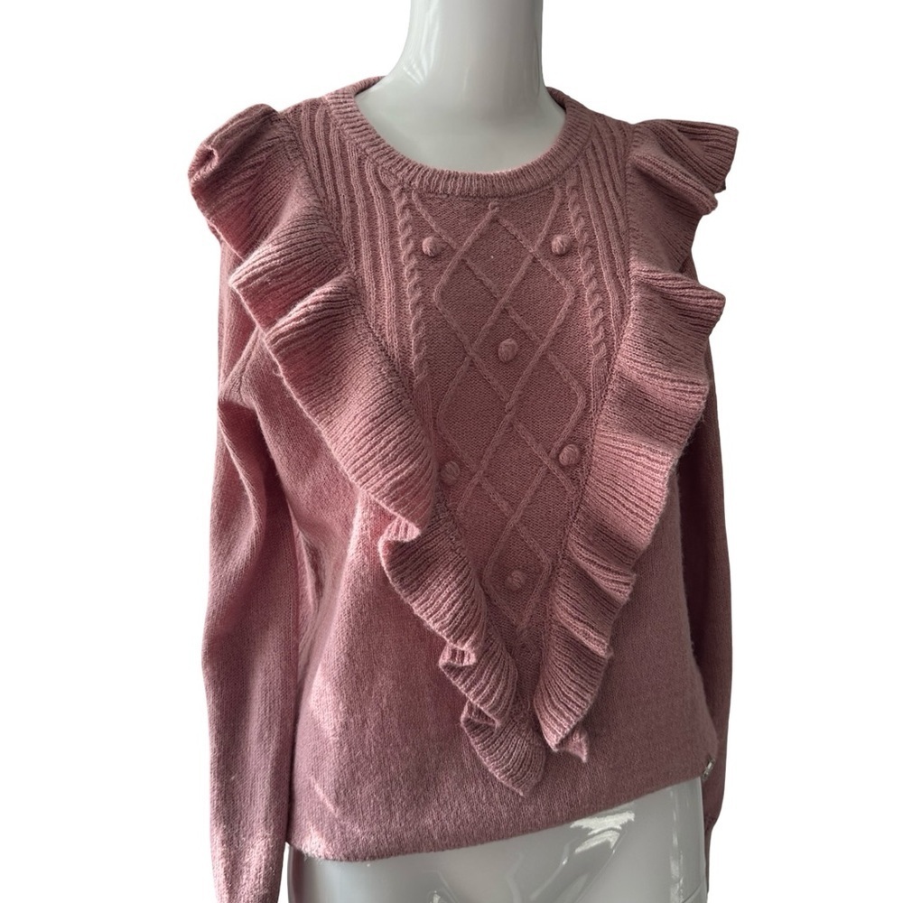 Adrienne Vittadini Pink Crew Neck Sweater with Ruffle Detail